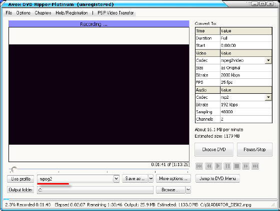 Avex DVD Ripper Platinum  - Converting DVD to MPEG2