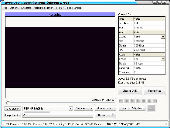 Avex DVD Ripper Platinum  - Converting DVD to PSP MP4 (h264)