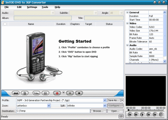 ImTOO DVD to 3GP Converter - Main window