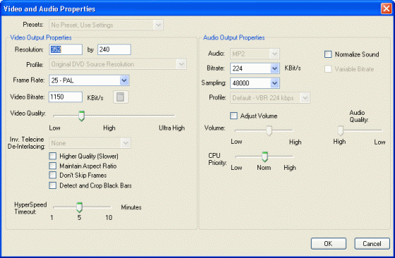 the video and audio properties