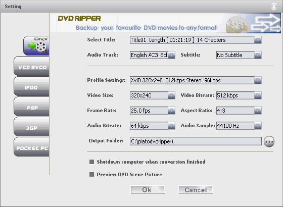 Setting window of Plato DVD Ripper 