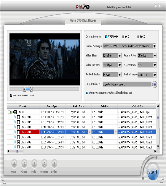 main window of Plato DVD to DivX XviD Ripper