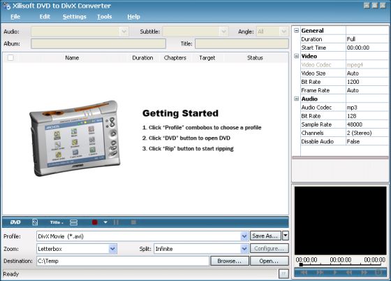 Xilisoft DVD to DivX Converter - Main window