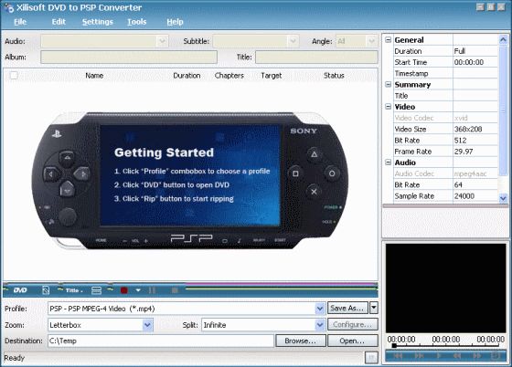 Xilisoft DVD to PSP Converter - Main window
