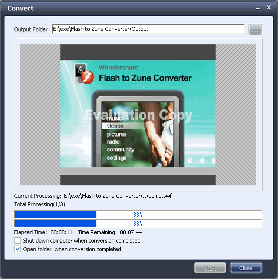 Converting window of Wondershare Flash to Zune Converter