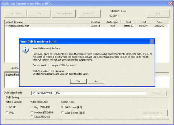 screenshot of DVD is ready to burn.