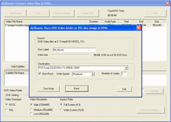 screenshot of DVDsanta - start burning the DVD di