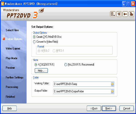 screenshot of PPT2DVD - Output options