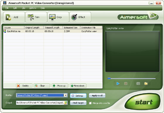 Aimersoft Pocket PC Video Converter - Main window