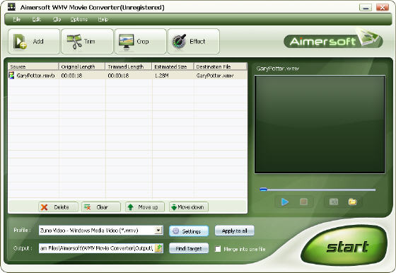 Aimersoft WMV Movie Converter - Main window