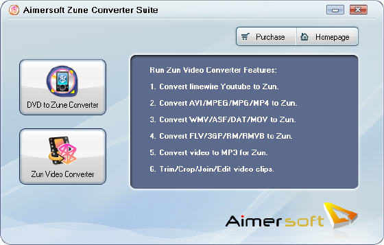 Aimersoft Zune Converter Suite - Main window