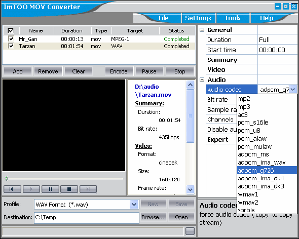 Settings - ImTOO MOV Converter