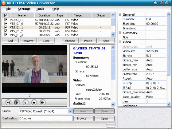 Screenshots of ImTOO PSP Video Converter