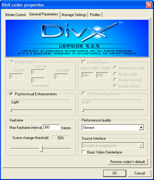 DivX codec properties