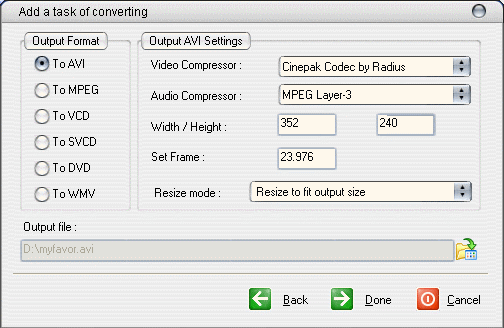 choose output format and AVI settings