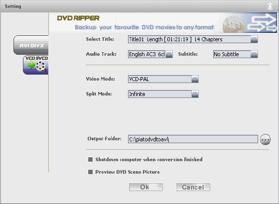 Setting window of Plato DVD to AVI Converter