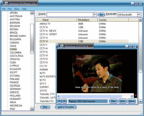Screenshots of Internet TV Player