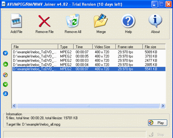 The Screenshot of AVI/MPEG/RM/WMV Joiner