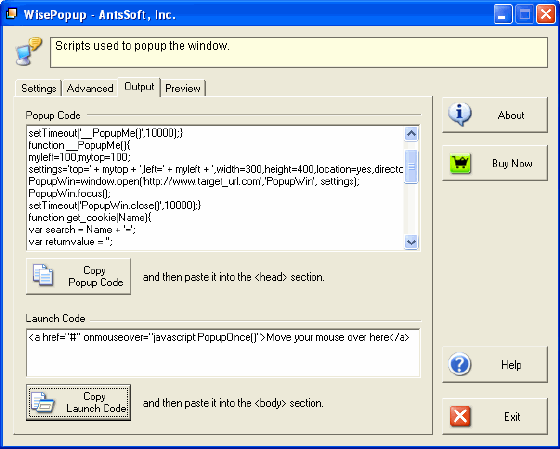 copy popup code and launch code - Wisepopup