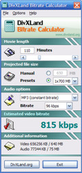 DivXLand Bitrate Calculator