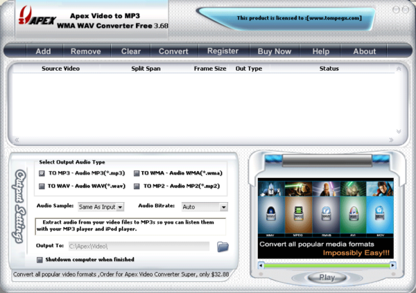 Apex Video to MP3 WMA WAV Converter Free