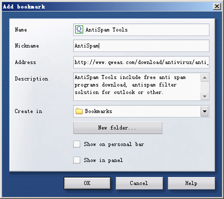 Opera Bookmark Dialog