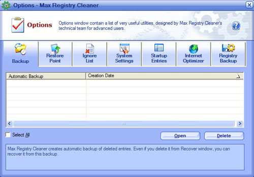 MaxRegistryCleaner Options