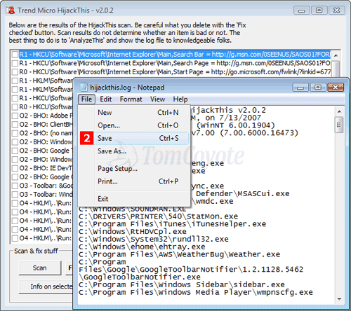 Save HijackThis log